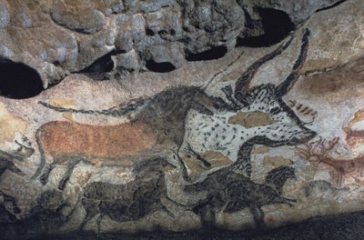 Rock painting of a bull and horses, c.17000 BC by Prehistoric